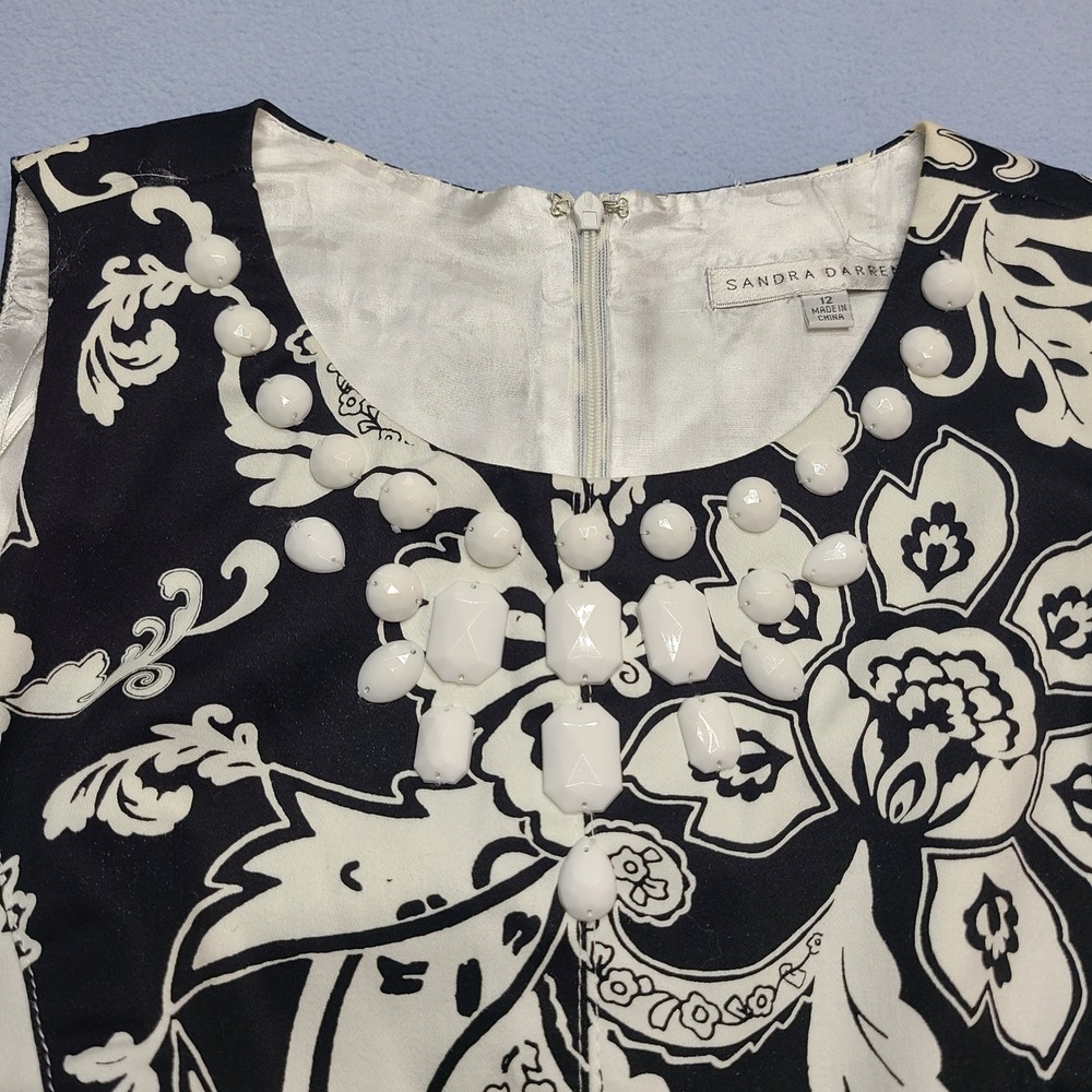 Sandra Darren Fit Flare Dress Womens 12 Black White New Floral Beaded Sleeveless - Picture 4 of 8